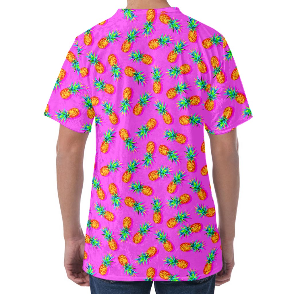 Hot Pink Pineapple Pattern Print Men's Velvet T-Shirt