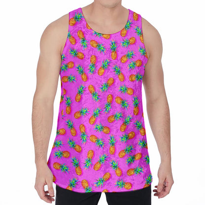 Hot Pink Pineapple Pattern Print Men's Velvet Tank Top
