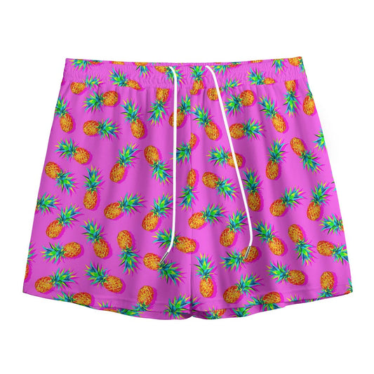 Hot Pink Pineapple Pattern Print Mesh Shorts