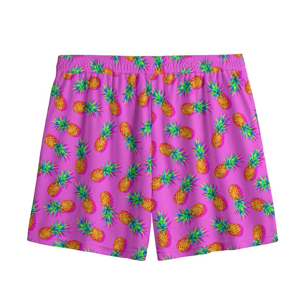 Hot Pink Pineapple Pattern Print Mesh Shorts