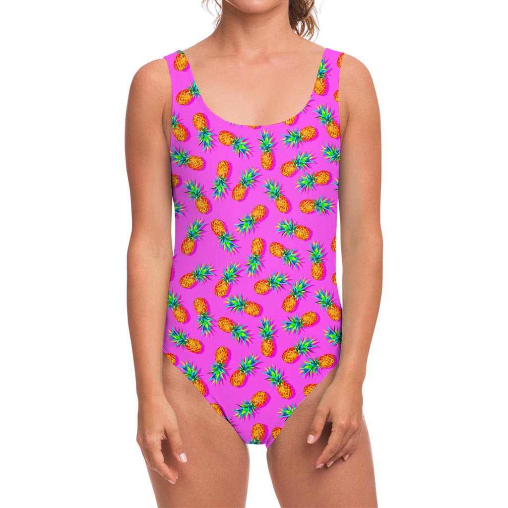 Hot Pink Pineapple Pattern Print One Piece Swimsuit