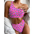 Hot Pink Pineapple Pattern Print One Shoulder Bikini Set