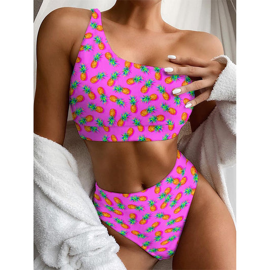 Hot Pink Pineapple Pattern Print One Shoulder Bikini Top