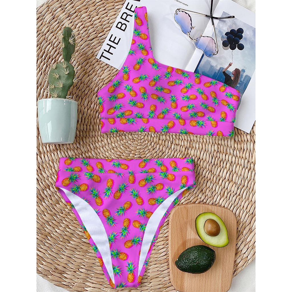 Hot Pink Pineapple Pattern Print One Shoulder Bikini Top