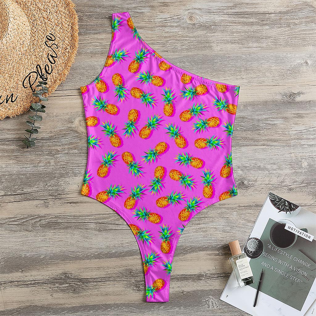 Hot Pink Pineapple Pattern Print One Shoulder Bodysuit