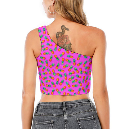 Hot Pink Pineapple Pattern Print One Shoulder Crop Top