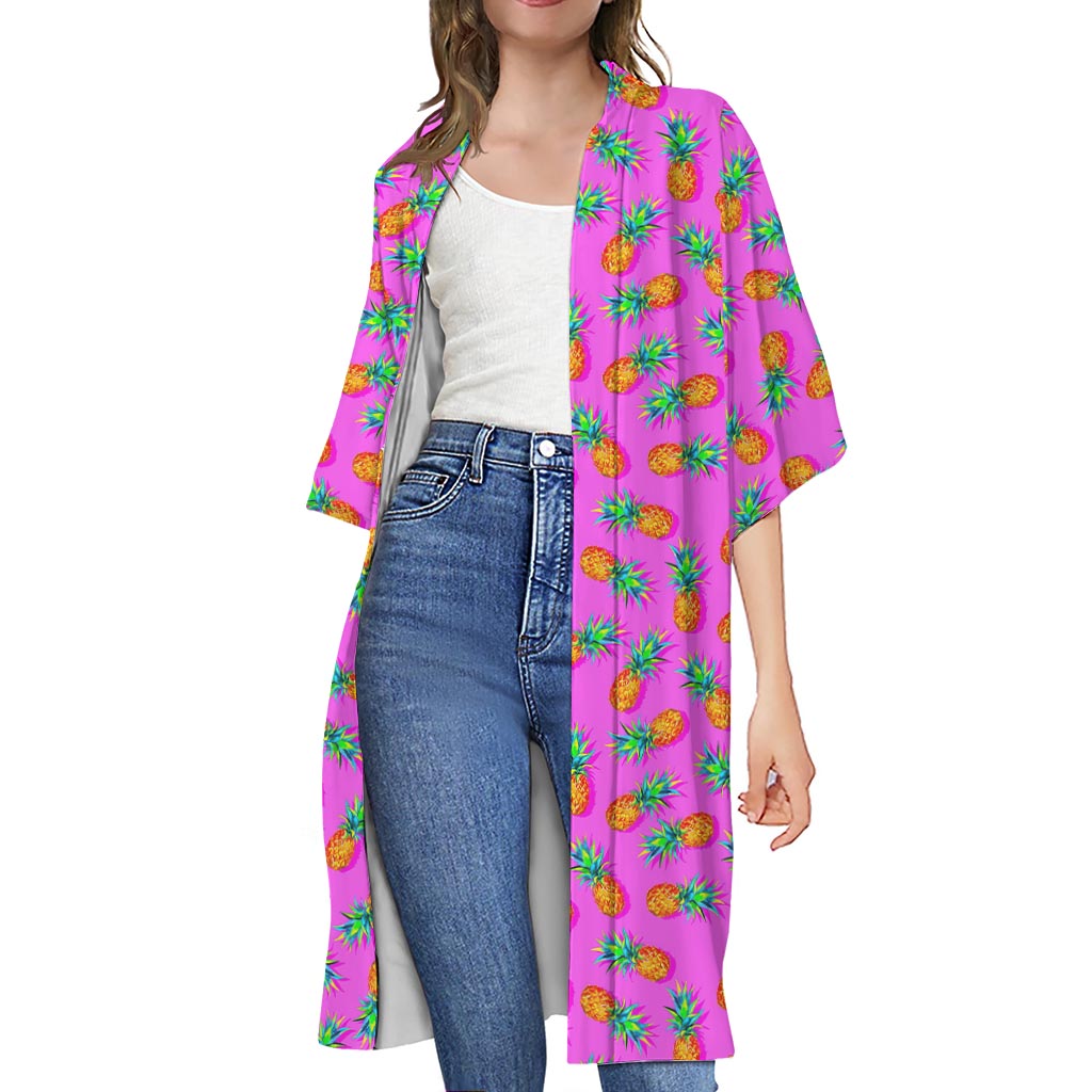 Hot Pink Pineapple Pattern Print Open Front Beach Cover Up