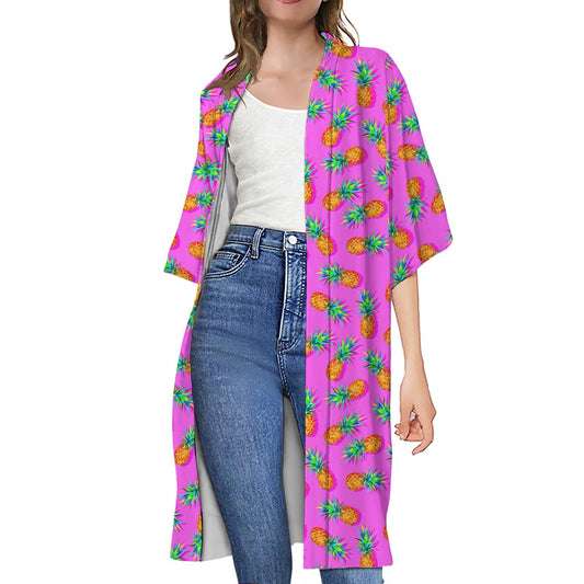 Hot Pink Pineapple Pattern Print Open Front Beach Cover Up