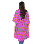Hot Pink Pineapple Pattern Print Open Front Beach Cover Up