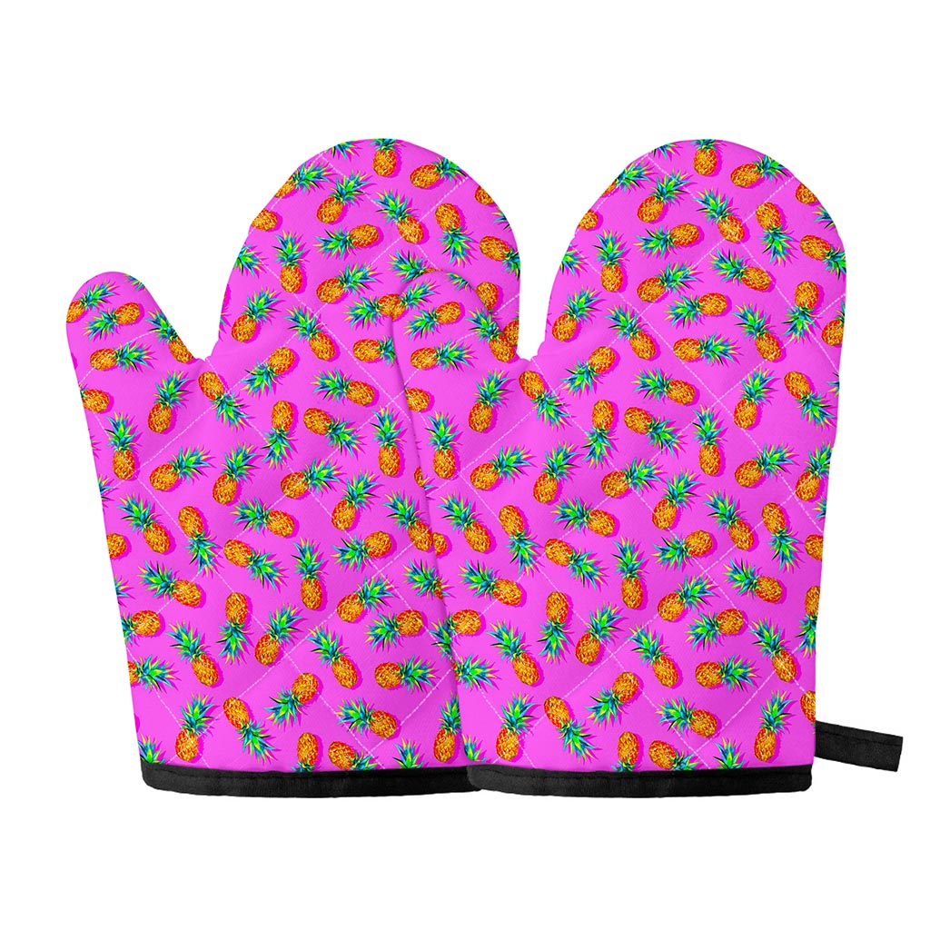 Hot Pink Pineapple Pattern Print Oven Mitts