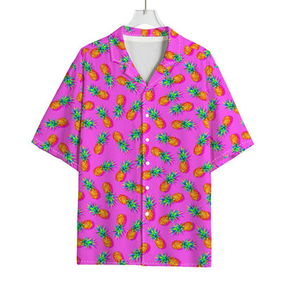 Hot Pink Pineapple Pattern Print Rayon Hawaiian Shirt