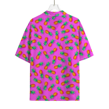 Hot Pink Pineapple Pattern Print Rayon Hawaiian Shirt