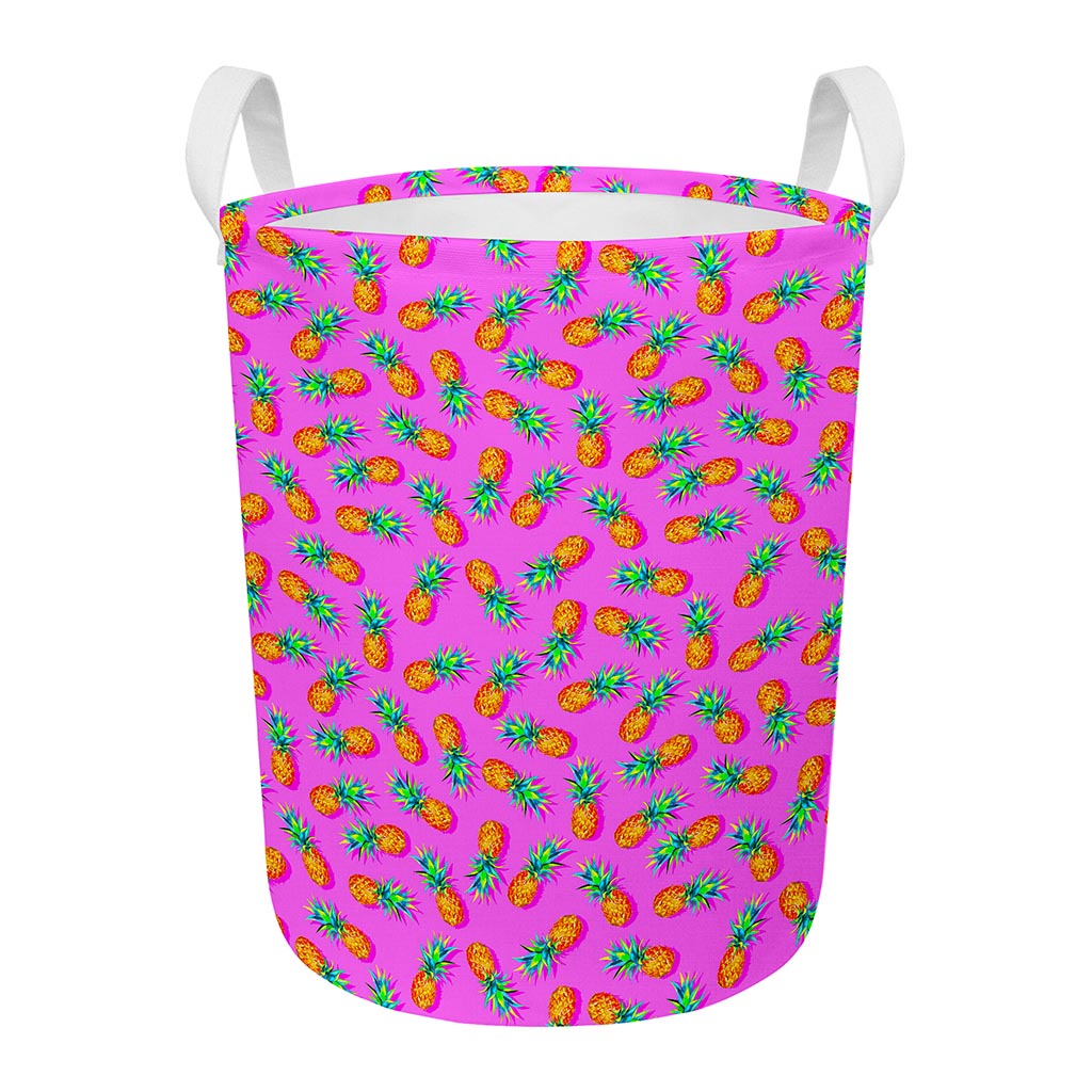 Hot Pink Pineapple Pattern Print Round Laundry Basket