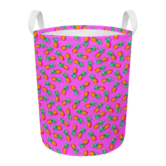 Hot Pink Pineapple Pattern Print Round Laundry Basket