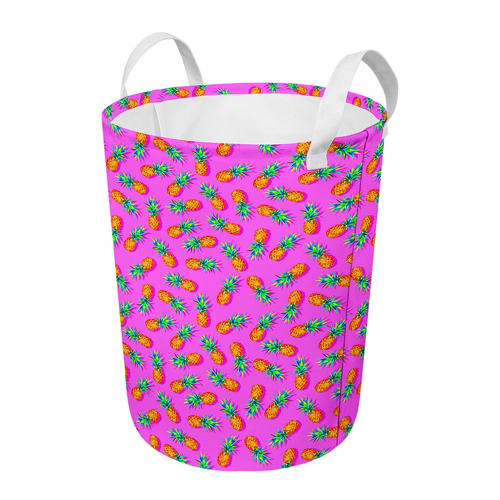 Hot Pink Pineapple Pattern Print Round Laundry Basket