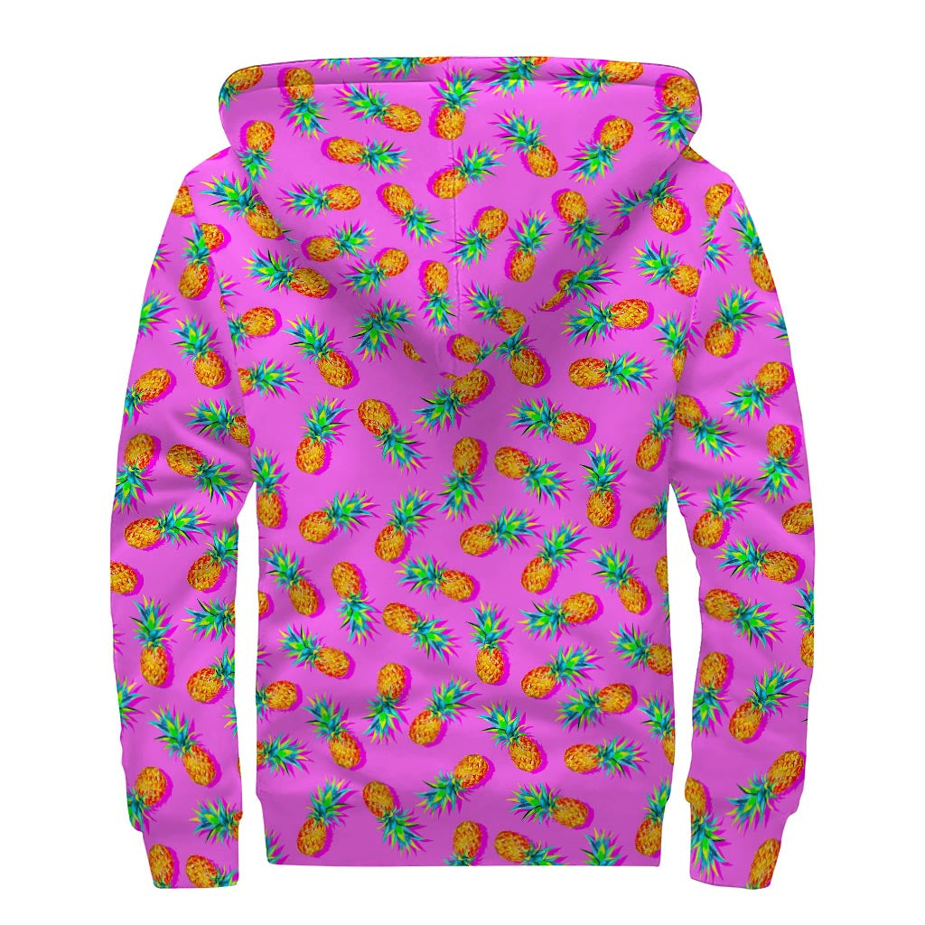 Hot Pink Pineapple Pattern Print Sherpa Lined Zip Up Hoodie