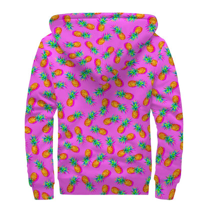 Hot Pink Pineapple Pattern Print Sherpa Lined Zip Up Hoodie