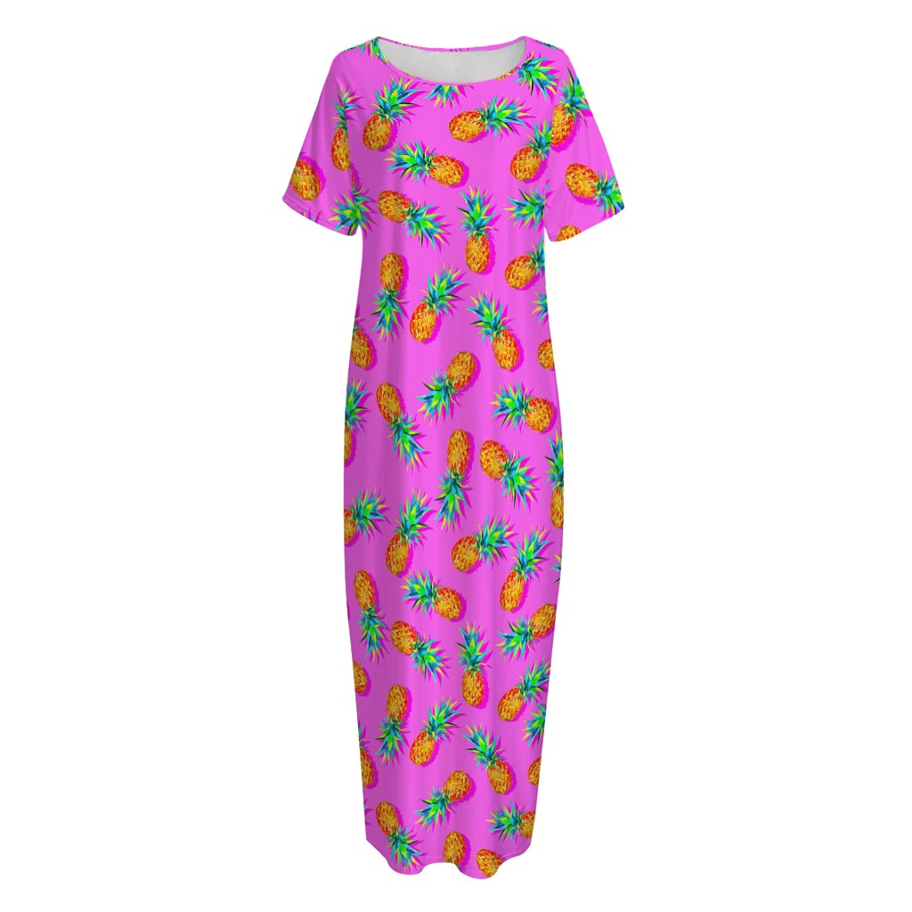 Hot Pink Pineapple Pattern Print Short Sleeve Long Nightdress