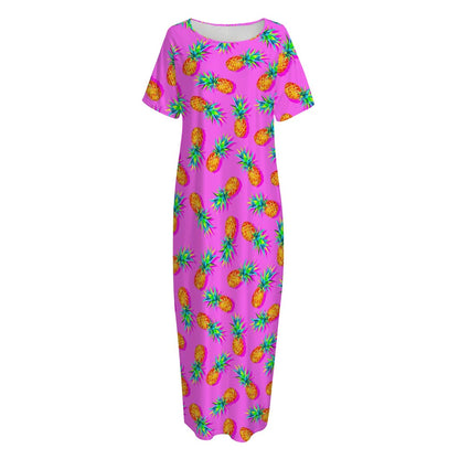 Hot Pink Pineapple Pattern Print Short Sleeve Long Nightdress