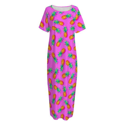 Hot Pink Pineapple Pattern Print Short Sleeve Long Nightdress