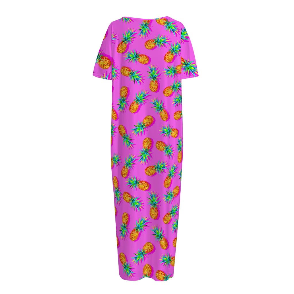 Hot Pink Pineapple Pattern Print Short Sleeve Long Nightdress