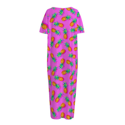Hot Pink Pineapple Pattern Print Short Sleeve Long Nightdress
