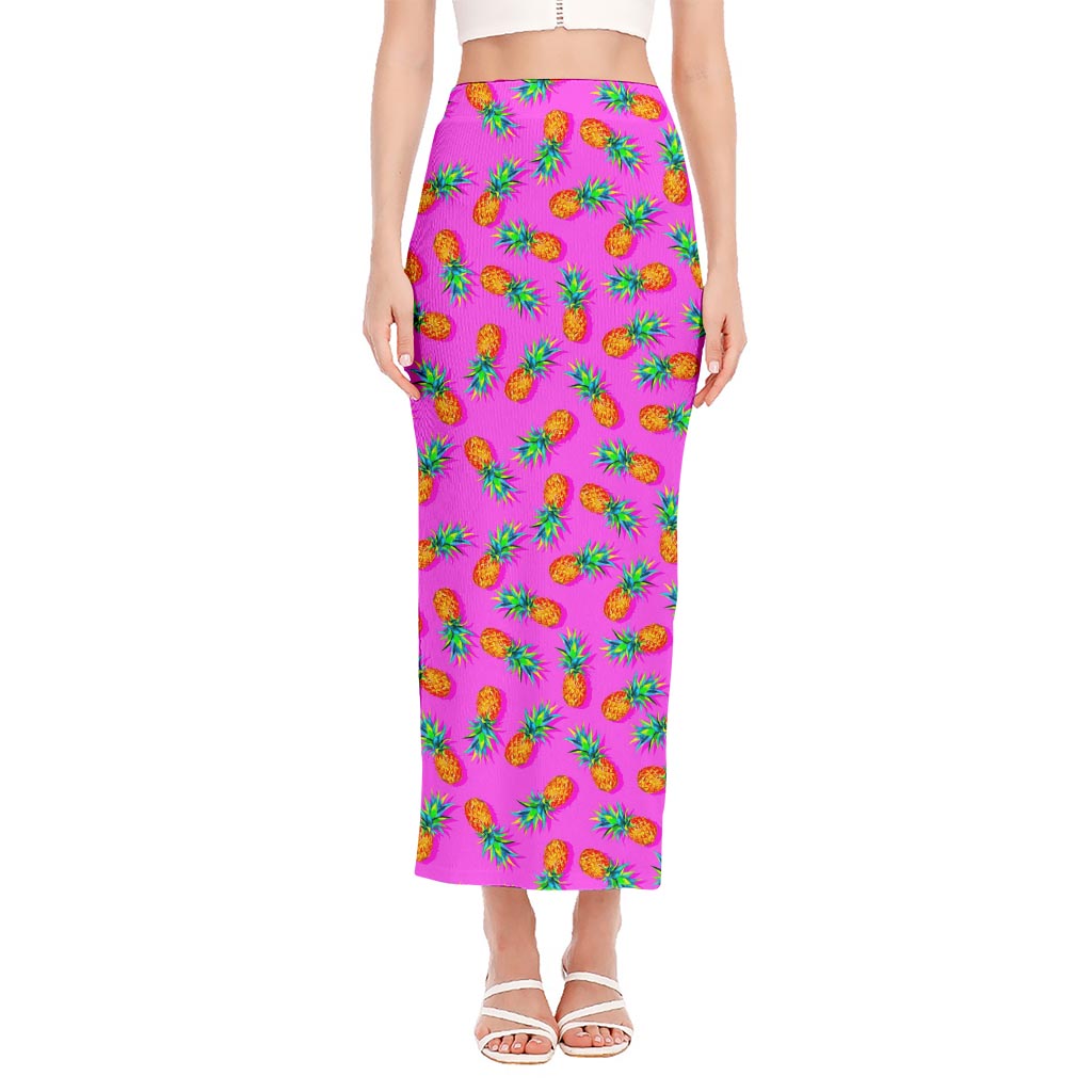 Hot Pink Pineapple Pattern Print Side Slit Maxi Skirt