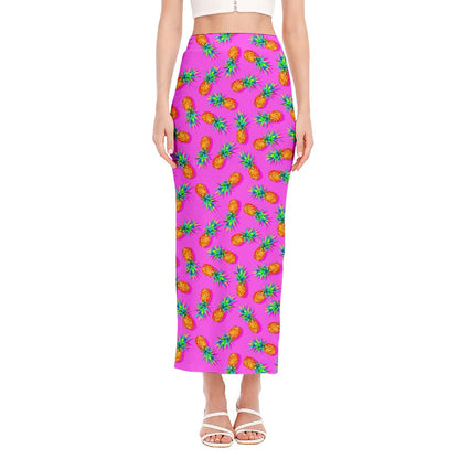 Hot Pink Pineapple Pattern Print Side Slit Maxi Skirt