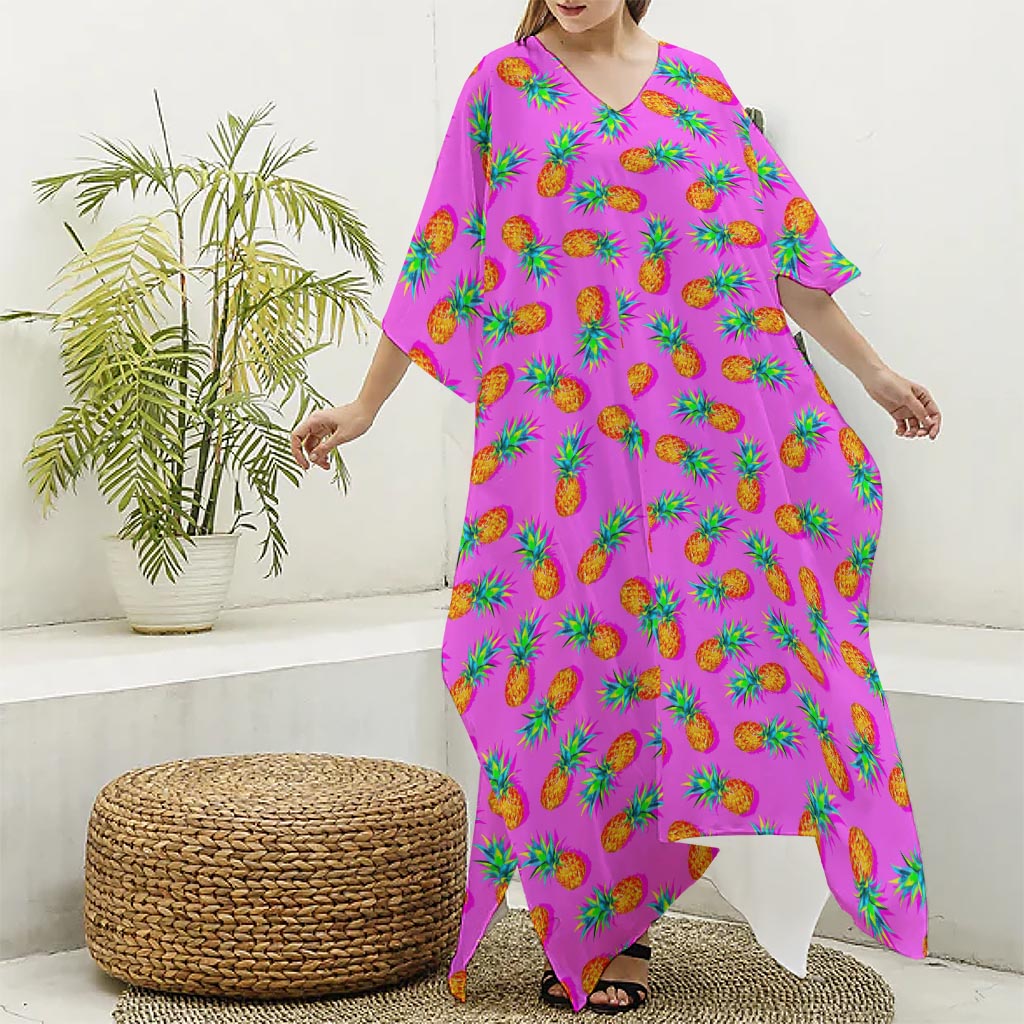 Hot Pink Pineapple Pattern Print Silk V-Neck Kaftan Dress
