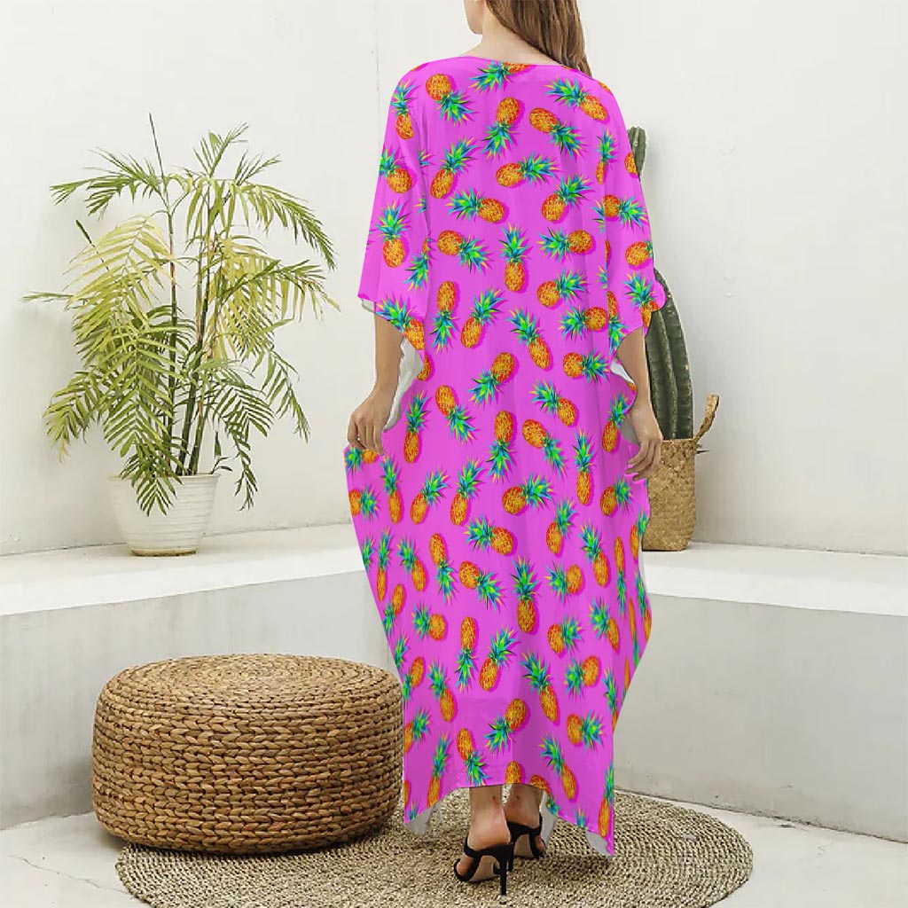 Hot Pink Pineapple Pattern Print Silk V-Neck Kaftan Dress