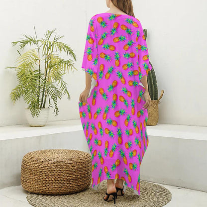 Hot Pink Pineapple Pattern Print Silk V-Neck Kaftan Dress