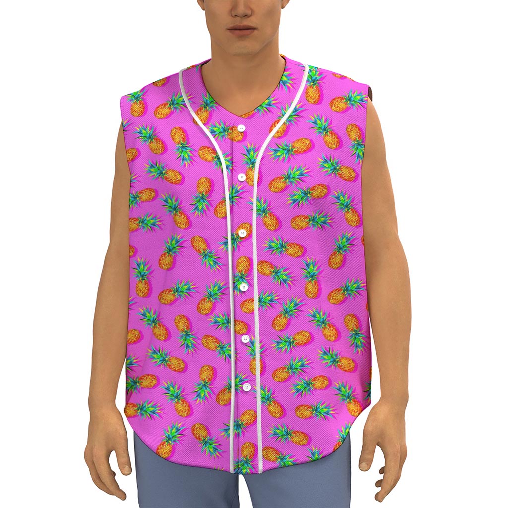 Hot Pink Pineapple Pattern Print Sleeveless Baseball Jersey