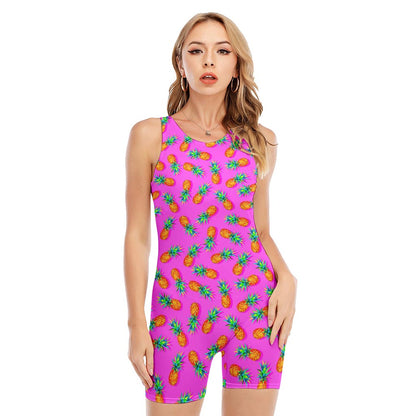 Hot Pink Pineapple Pattern Print Sleeveless One Piece Swimsuit