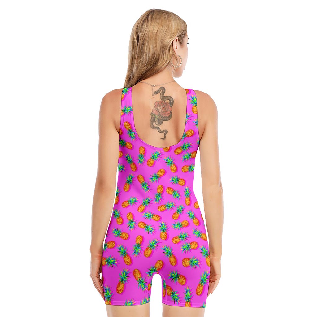 Hot Pink Pineapple Pattern Print Sleeveless One Piece Swimsuit