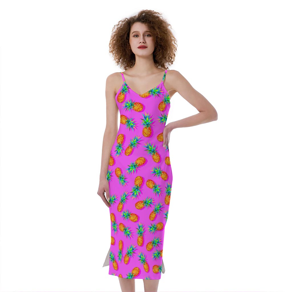 Hot Pink Pineapple Pattern Print Slim Fit Midi Cami Dress