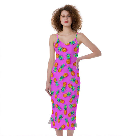 Hot Pink Pineapple Pattern Print Slim Fit Midi Cami Dress