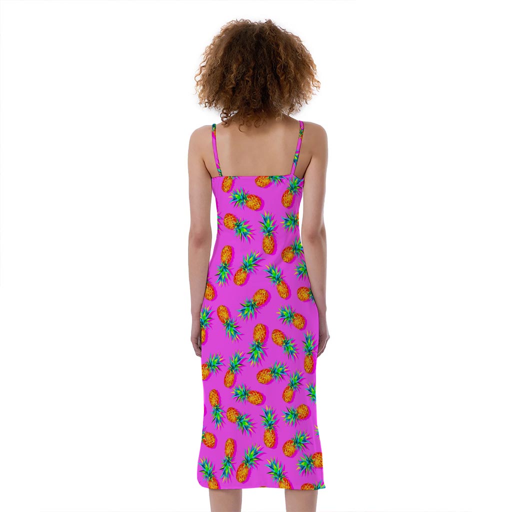 Hot Pink Pineapple Pattern Print Slim Fit Midi Cami Dress