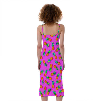 Hot Pink Pineapple Pattern Print Slim Fit Midi Cami Dress