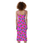 Hot Pink Pineapple Pattern Print Slim Fit Midi Cami Dress