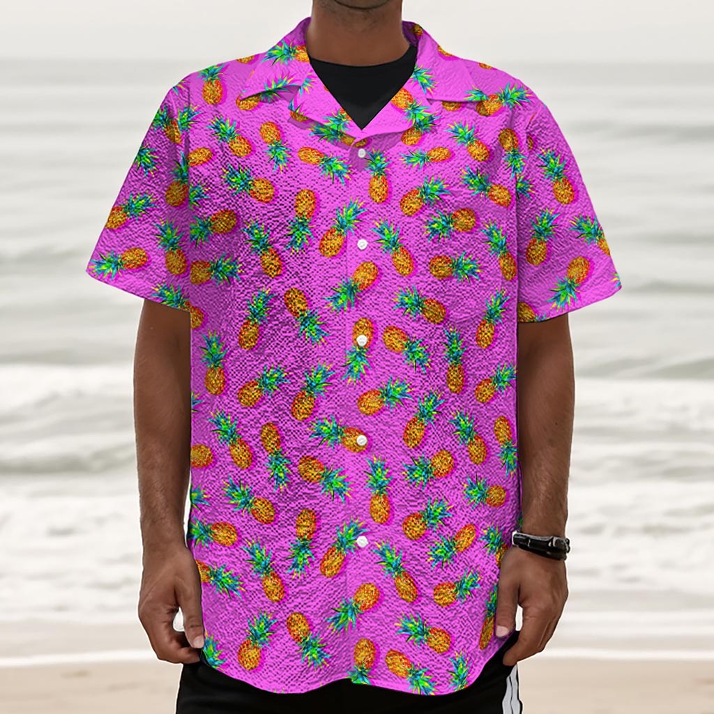 Hot Pink Pineapple Pattern Print Textured Short Sleeve Shirt