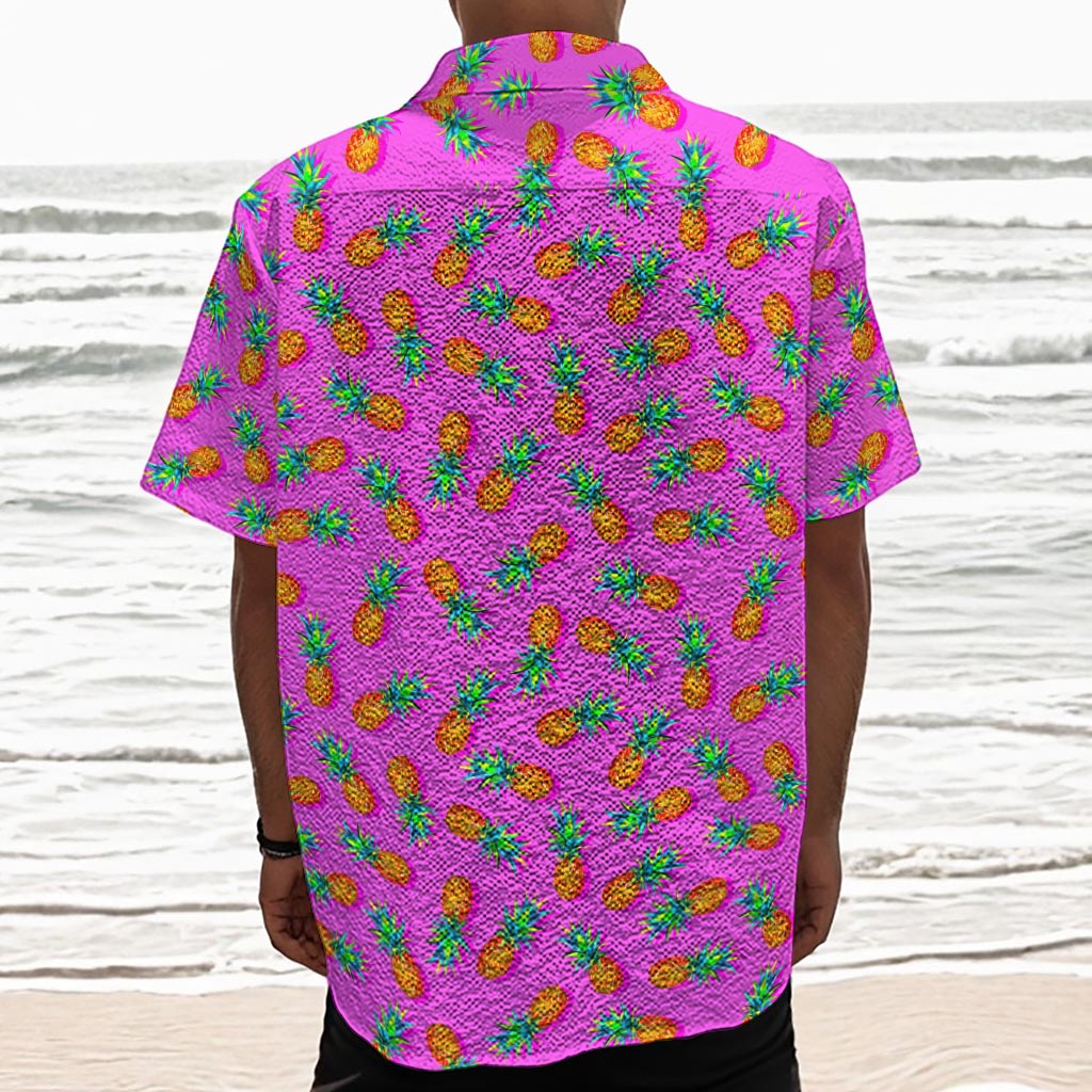 Hot Pink Pineapple Pattern Print Textured Short Sleeve Shirt