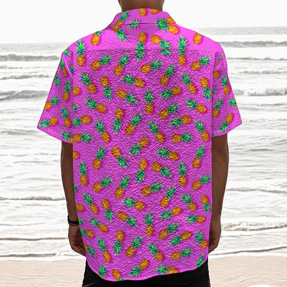Hot Pink Pineapple Pattern Print Textured Short Sleeve Shirt