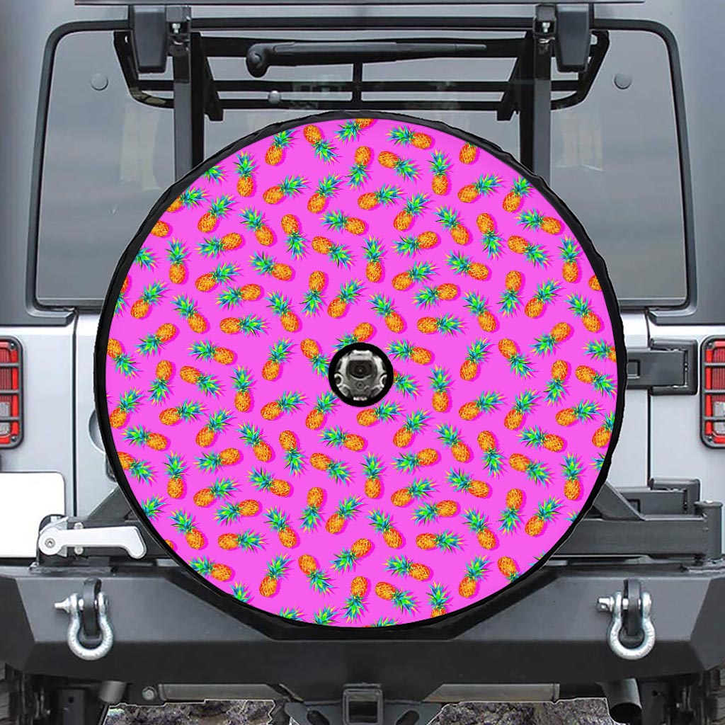 Hot Pink Pineapple Pattern Print Tire Cover With Camera Hole