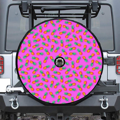 Hot Pink Pineapple Pattern Print Tire Cover With Camera Hole
