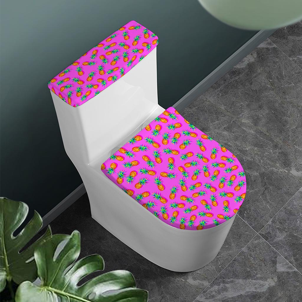 Hot Pink Pineapple Pattern Print Toilet Lid And Tank Cover Set