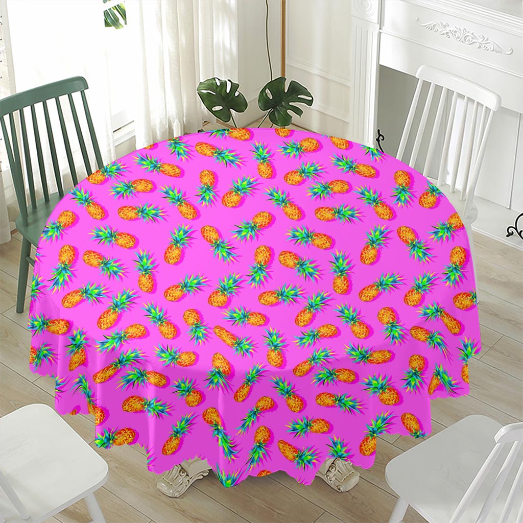 Hot Pink Pineapple Pattern Print Waterproof Round Tablecloth