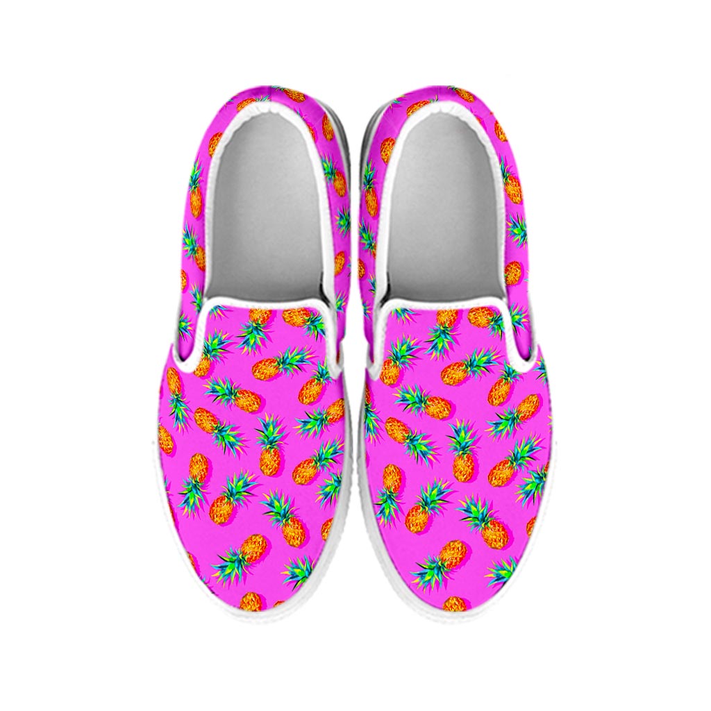 Hot Pink Pineapple Pattern Print White Slip On Sneakers