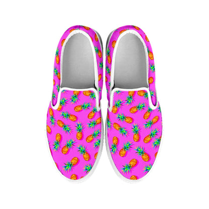 Hot Pink Pineapple Pattern Print White Slip On Sneakers
