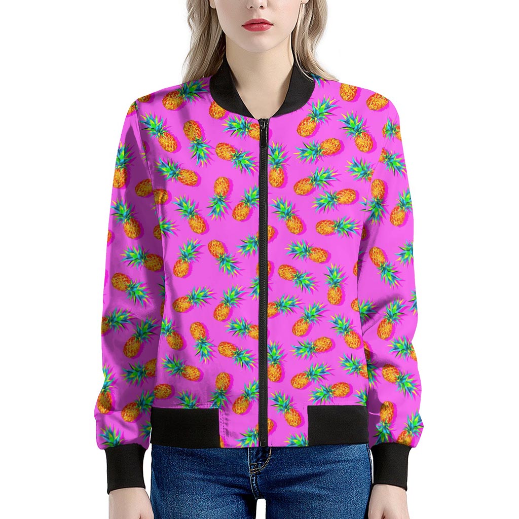 Hot Pink Pineapple Pattern Print Women's Bomber Jacket