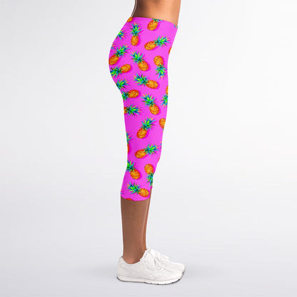 Hot Pink Pineapple Pattern Print Women's Capri Leggings